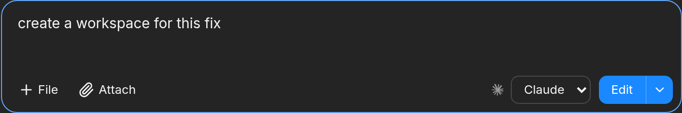 Agent prompt asking to create a workspace for this fix