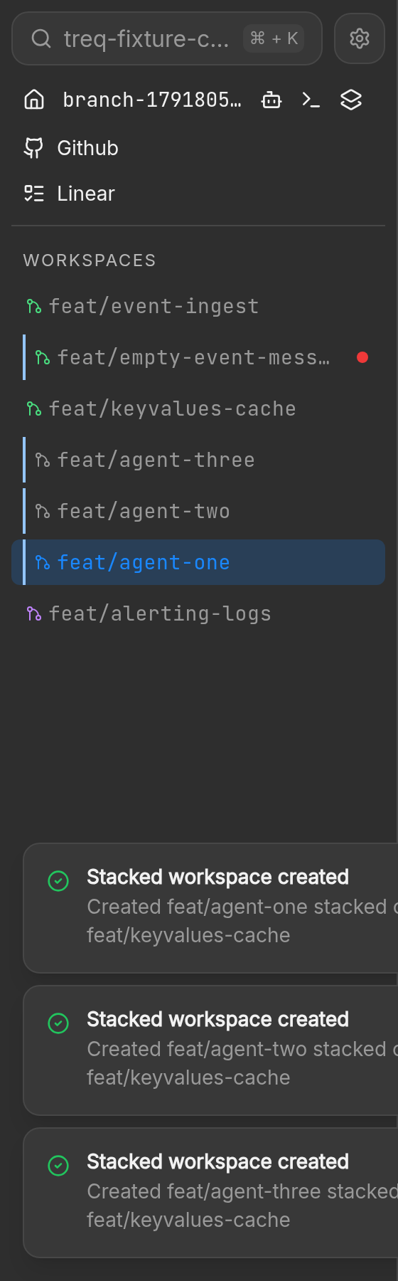 Sidebar after three new agent workspaces appear